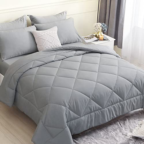 Hevumyi Queen Comforter Set, 8 Pieces All Season Bed In A Bag Grey, Down Alternative Bedding Sets Queen With Comforter, Flat Sheet, Fitted Sheet, Bed Skirt, Pillowcases & Pillow Shams (Light Gray) #TOP4