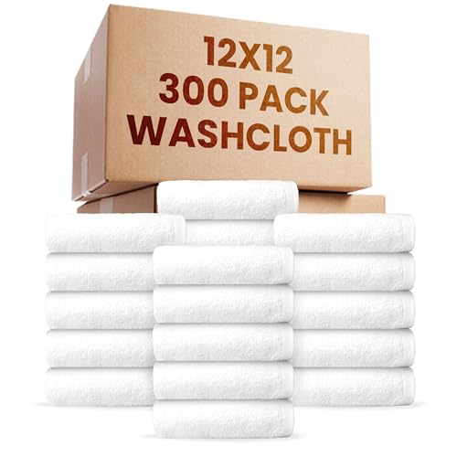 300 Pack Economy Bulk Washcloths (12x12) - White Face Cloths Bulk - Cotton Blend Commercial Cleaning Rags - Super Absorbing, Soft & Quick Drying Fingertip Towels for Hotels, Spa, Gym & Kitchen(010601)