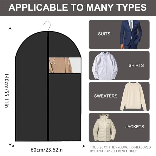 3 Stück Kleidersack für die Aufbewahrung 60x140 cm Atmungsaktiver Stoff Kleidersack Anzug mit Klarem Fenster Schwarzer Reißverschluss für Kleider Mäntel Hemden Abendkleider