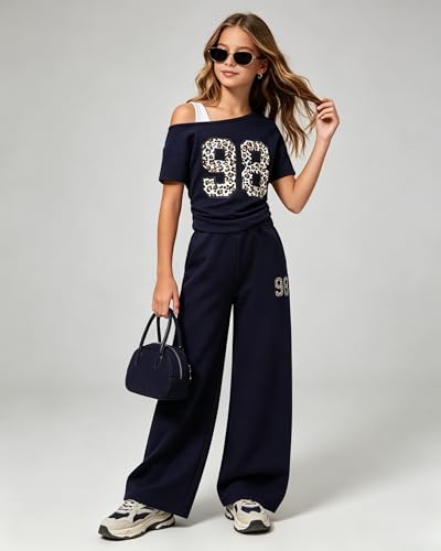 Image of Teen Girls Clothes Off the Shoulder Top and Wide Leg Pants Matching Outfit Set with Pockets Size 7-16