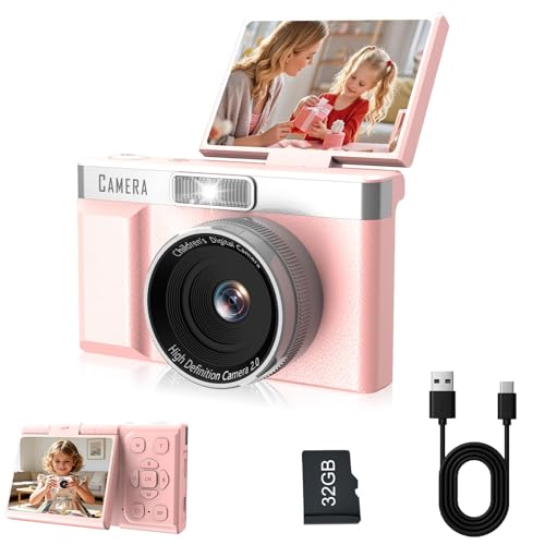 Masroo Kids Digital Camera FHD 1080P Digital Camera for Kid with 32GB Card 2 Flip 180 Screen with Support for Selfie Vlog Cam Compact Camera with Flash Birthday for Kids Boys Girls
