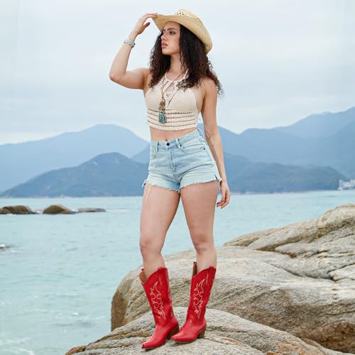Image of IUV Cowboy Boots For Women Western Cowgirl Boots Mid Calf Snip Toe Boot With Chunky Heel