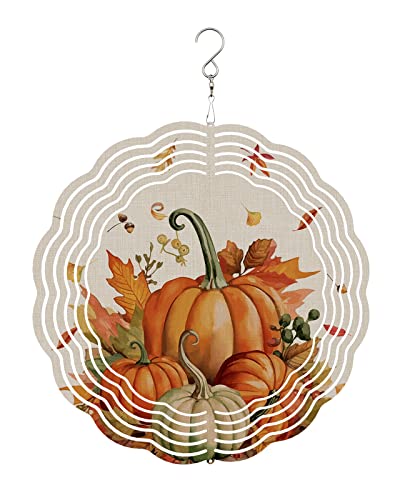 Thanksgiving Fall Wind Spinners for Yard and Garden, 3D Stainless Steel Wind Spinner, Pumpkin Harvest Orange Maple Leaf Rustic Wind Sculptures Spinners Indoor Outdoor Hanging Crafts Ornaments 7.8 Inch