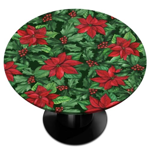 Christmas Poinsettia Flower Berry Leaf Round Fitted Tablecloth with Elastic Edge, Xmas Round Fitted Table Cloth, Xmas Washable Indoor Outdoor Table Cover for Party Kitchen Dinner Fits 36-42 In Table