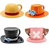HANHUO ルフィ マグカップ サボ エース チョッパー 帽子同型コップ ワンピース 周辺 創意デザイン 純手作り コーヒーカップ 水彩絵 陶器 セラミックカップ 食器 可愛い 飾り 誕生日 プレゼント (4個セット)
