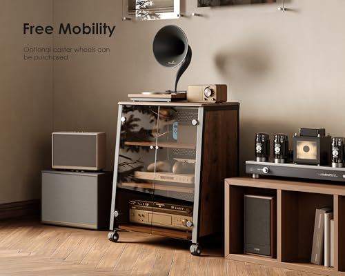 FITUEYES Design 4-Tier Media Stand with Brown Glass Doors Audio Rack with Adjustable Shelves Stereo Cabinet Protection Equipment for Vinyl Record Player Stereo Receivers Audio Gear, Eiffel Series