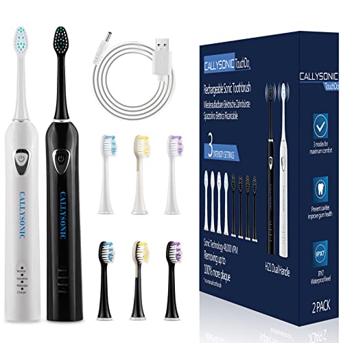 Schall Elektrische Zahnbürste Doppelpack , CallySonic H31A Sonic Elektrische Zahnbürste für Erwachsene mit 8 Aufsteckbürsten, 3 Bürsten-Modi, 48000VPM, 4 Stunden Aufladung für 60 Tage, Schwarz/Weiß Cover