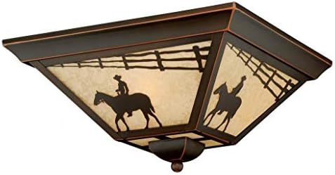 Burnished Bronze Trail 3 Light Flush Mount Outdoor Ceiling Fixture with Cream Ranch Portrait Glass Shade - 14 Inches Wide