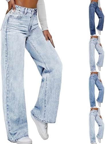 Wide Leg Jeans Woman Casual High Rise Baggy Jeans Straight Leg Stretchy Pants with Pockets Ladies Denim Pants