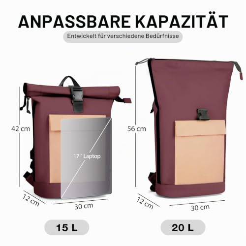 Lekeinchi Rolltop Rucksack Damen & Herren, Elegant Laptop Rucksack Wasserdicht mit 17 Zoll Laptopfach, Großer Reiserucksack Tagesrucksack Schulrucksack für Reisen, Uni Schule, Arbeit - Rotwein