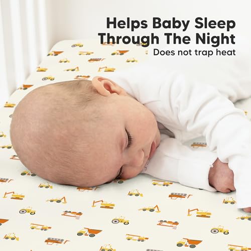 Image of 2pk Organic Cotton Crib Sheets for Boy Girl 52x28 (Construction) | Fitted Crib Mattress Sheet Neutral, Breathable Cover for Baby Bed Set, Toddler Mattress, Soft & Cute Prints