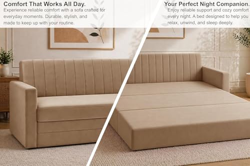 Image of Modern Velvet 3 Seater Sofa Cum Bed with Armrest, Convertible Sleeper Couch Sofa for Living Room, Bedroom & Office - Golden Color