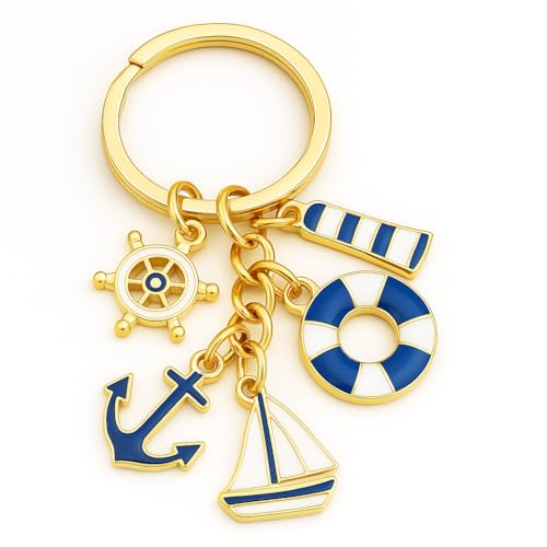 DONWOIE Sailboat Keyring – Nautical Keychain Bag Charms with Helm, Anchor, Sailboat, Lifebuoy, and Lighthouse Accents, Cool Keyrings Gifts for Women Ocean and Sailing Enthusiasts