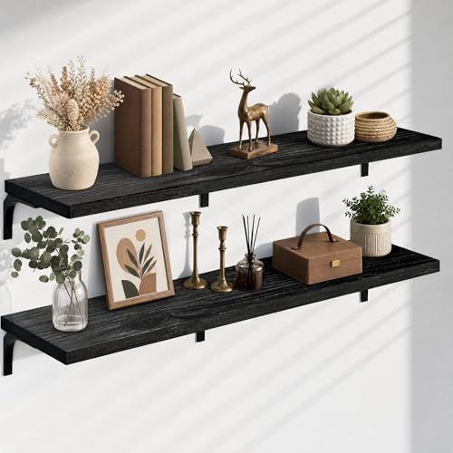 Image of 12 Inch Deep Floating Shelves Set of 2, 60 Inch Extra Wide Black Solid Wood Wall Shelves, 5ft Heavy Duty Farmhouse Wall Mounted Shelving for Kitchen, Living Room & Bedroom