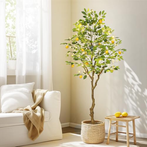 GarveeHome 6FT Artificial Lemon Tree Indoor, Pre Potted Faux Lemon Tree with Realistic Fruit and Lifelike Leaves, Fake Lemom Plant with 100 Lights for Indoor Home Decor Office Living Room