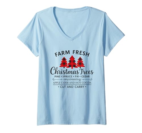 Womens Farm Fresh Christmas Plaid Trees Rustic Holidays Winter Xmas V-Neck T-Shirt
