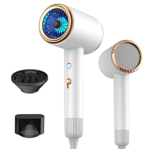 Asciugacapelli ionico professionale, asciugacapelli da 2400 W con pulsante caldo/freddo, 3 impostazioni di temperatura, diffusore incluso, adatto per parrucchieri professionali/domestici (Bianco)