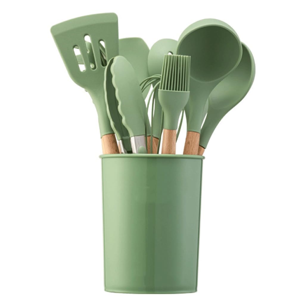 Ustensiles de Cuisine en Silicone Fruits Verts, Gadgets, Ensemble d'outils, Manche en Bois de Haute Valeur, spatule cuillère Pinces, Accessoires de Cuisine