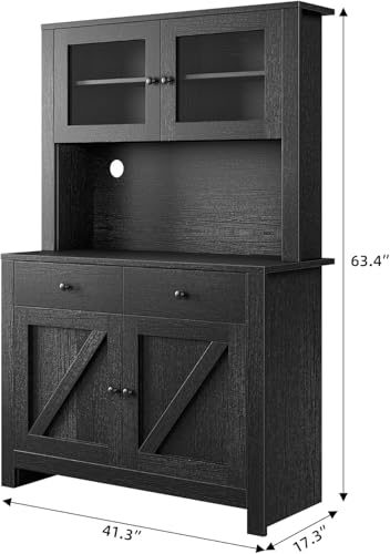 Image of IDEALHOUSE Modern Kitchen Pantry Cabinet, Microwave Storage Stand, Engineered Wood Food Organizer Cabinet with Multi Compartments, for Home Kitchen Dining Area, Black Wood Grain