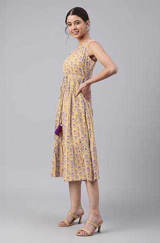 Image of Janasya Women's Cotton Floral Block Print Tiered Western Dress