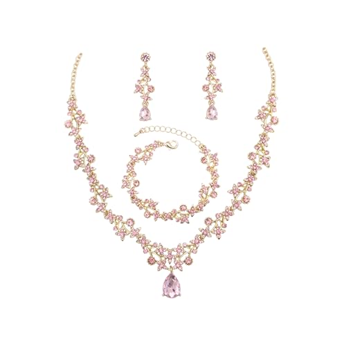 Hangwo Womens Brides Bridesmaid Jewelry Set Austrian Crystal Teardrop Elegant Necklace Dangle Earrings Link Bracelet Wedding Prom Costume Party Events Evening Dress (Light Pink-Gold Plated)
