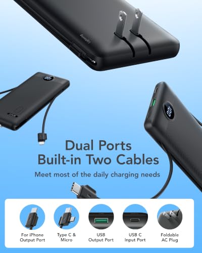 VRURC 10000mAh 22.5W Portable Charger, AC Plug & Built-in Cables,Black | Slim battery pack ,PD 20W fast charging, for business travel,compatible with iPhone & Samsung - Image 3