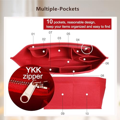 OAikor Purse Organizer Insert with Base Shaper,Felt Tote Bag Organizer Insert Compatible with Speedy 30 Neverfull MM,City 33 and More,Bag Inner Shaper for Luxury Bags,Red/L - Thumbnail 5