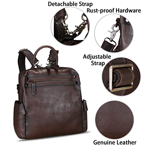 Image of Genuine Leather Backpack for Women Convertible Design Shoulder Bag Vintage Casual Daypack Knapsack Rucksack Purse (Coffee)