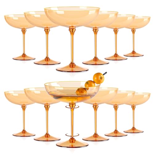 12 PCS Plastic Coupe Glasses 9 oz Amber Detachable Gold Rim Martini Glass Espresso Champagne Cocktail Cups Disposable Vintage Margarita Glassware for Fall Wedding Bridal Shower Party Thanksgiving