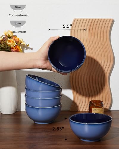Image of Pokini 5.5 inch Stoneware Cereal Bowls Set of 6, 22 Oz Soup Bowls Set | Reactive Glaze Cereal Bowls Set for Cereal Soup Snacks, Kitchen Bowls for Meal, Dishwasher & Microwave Safe, Light Blue