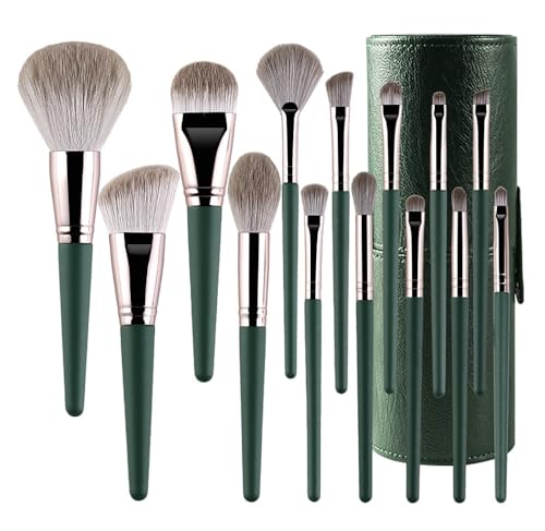 Pinceaux de maquillage lot de 14 pièces en bois nacré avec trousse verte pour réussir son teint