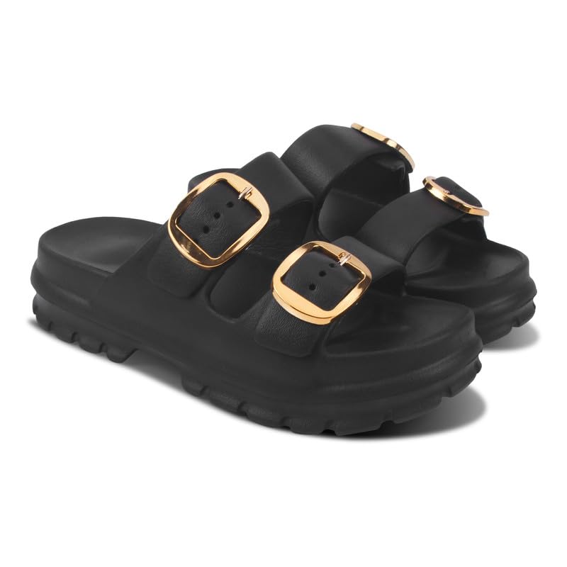 women's double buckle slide sandals – adjustable slip-on platform sandals with cushioned footbed and rugged sole