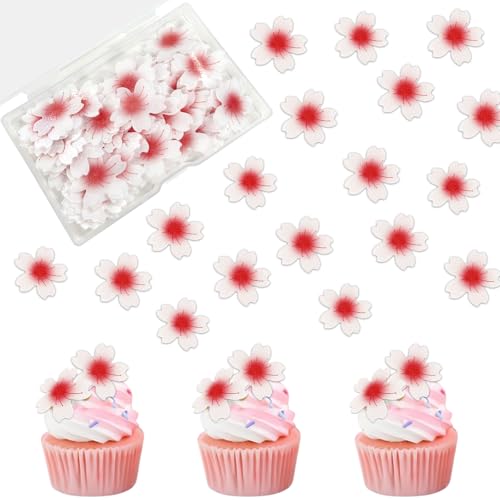 Morofme 100pcs Edible Cherry Blossom Cake Decoration Pink Flowers Cake Topper Wafer Paper Cherry Blossom Cake Topper Edible Flower Cupcake Topper Sakura Cake Topper for Birthday Dessert Decorations