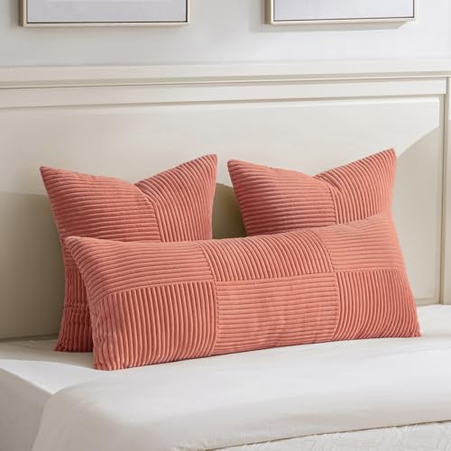 Image of Fancy Homi Set of 2 Coral Boho Long Lumbar Body Decorative Throw Pillow Cover 14x36 Inch for Bed Couch Bedroom Bench, Soft Patchwork Corduroy Textured Pillow Case, Rustic Farmhouse Room Decor