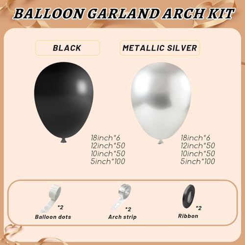 Image of 412Pcs Black and Silver Balloons Arch Kit, Latex Balloons Different Sizes 18 12 10 5 Inch for Birthday, Wedding, Graduation, Anniversary Decorations