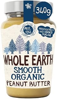 Whole Earth Smooth Organic Peanut Butter, 340 g Jar, Original Nut Spread Made with All Natural Ingredients, No Added Sugar, Gluten Free, Vegetarian & Vegan Friendly