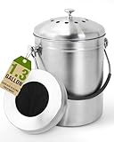 LRYYBTI Countertop Compost Bin Kitchen with Lid and 2 Charcoal Filter for Odorless Composting | Stainless Steel Kitchen Composter with Soft-Grip Handle (Silver, 1.3 Gallon)