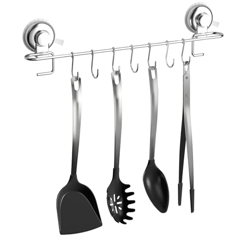 Poywaze Suction Kitchen Utensil Hooks, SUS 304 Stainless Steel Utensil Holder Never Rusts, Tools Rack with 7 Hooks for Bathroom and Kitchen Storage