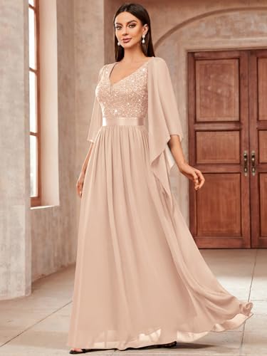 Image of Miusol Women's Deep-V Neck Lace Contrast Sequin Formal Evening Maxi Dress