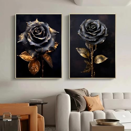 Affiches de fleurs noires et dorées déco murale moderne 2 toiles - 2