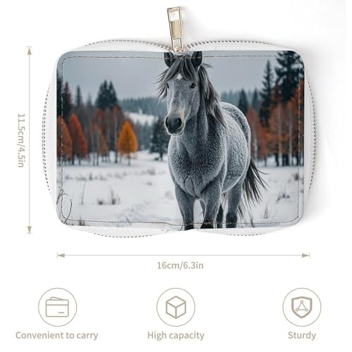 RFID Credit Card Holder Wallets for Women Cute Small Leather Ladies Cardholder Wallets Gray Horse in Winter Landscape Snowy Wilderness Card Organizer Case with Zipper3