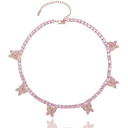 JINAO 6 times 14K 6 Times Gold Platinum Plated Butterfly Necklace Tennis Chain Butterfly Choker Bling Iced out CZ necklace Butterfly Necklace Silver Women (Rose Gold Butterfly Necklace)