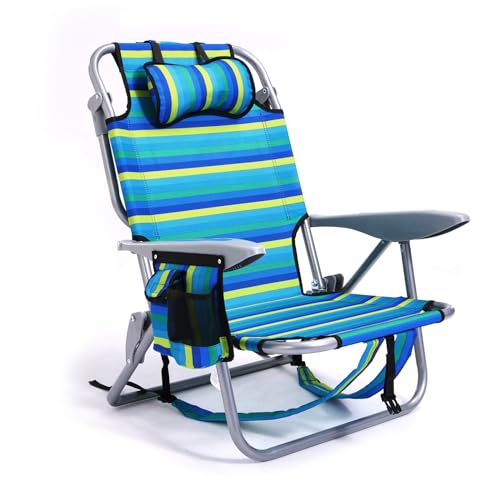Canpsky Portable Beach Chair for Adults, Outdoor Camping Chair Lay Flat Folding Backpack Beach Reclining Chair with 4 Positions, Headrest, Cooler Pouch, Cup Holder, Heavy Ocean Striped
