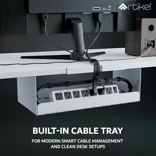 Image of ARTIKEL Artidesk Electric Height Adjustable Table for Office Work with Keyboard Tray | Sit Stand Gaming Desk| 80Kg Wt Lift | 2 Headphone Hook Cable Management (White, 120x60cm)