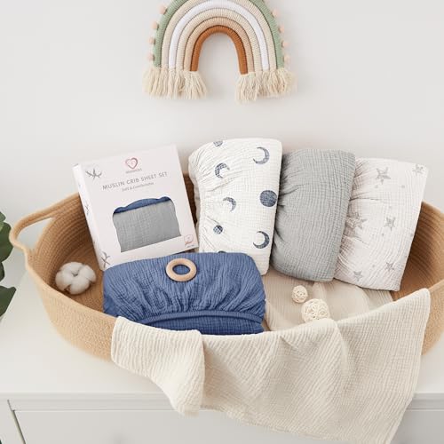 Image of Bearmoss Muslin Mini Crib Sheets for Pack N Play Mattress - 100% Cotton - 38 inchx26 inch Soft Breathable Playard Baby Crib Sheets Neutral for Boys Girls - 2 Pack (Blue Elephant)