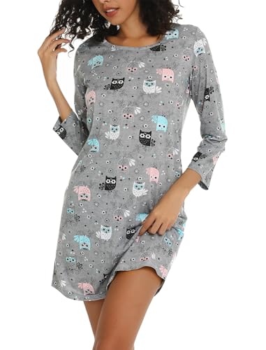 ENJOYNIGHT Camisón de manga larga para mujer, camiseta de dormir de algodón con estampado, Búho gris, L