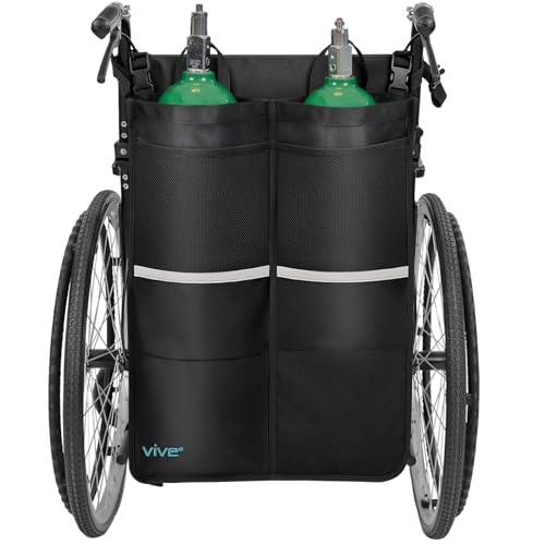 Vive Dual Oxygen Tank Holder for Wheelchairs - Oxygen Cylinder Bag with Adjustable Straps, Portable Wheelchair Accessories for Seniors, Elderly Assistance, Universal Fit & Storage Pockets, Black