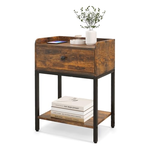 COSTWAY Bedside Table, Industrial Nightstand Sofa Side Table with Drawer and Open Storage Shelf, Rustic Metal Frame Wooden Bedside Cabinet Accent End Table for Living Room Bedroom, 42x30x60cm (1)
