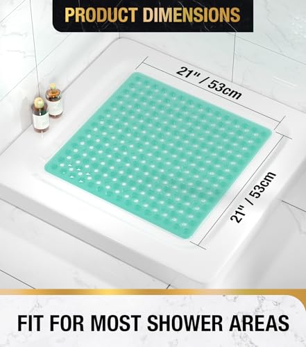 Image of HITSLAM Shower Mat Anti Slip, Square Bath Mat for Tub Non Slip with Suction Cups and Drain Holes, 21x21 Inch Bathroom Shower Stall Floor Mat, Machine Washable, Soft on Feet, Green