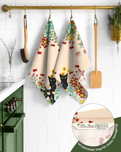 Image of Miss Adola 150GSM Flour Sack Kitchen Towels Set of 2, Flower Cats | 18 inchx26 inch, Lightweight, Lint-Free, Pure Cotton, Decorative, with Hanging Loop, Absorbent, Softer after Wash, Giftable Package